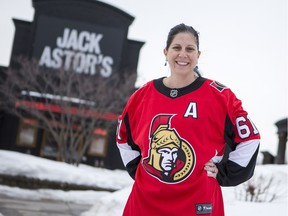Kristin Small, executive director of the Kanata Central BIA, poses for a photo near businesses in the Centrum area of Kanata on March 14, 2019. She spoke about how important the Ottawa Senators are to the Kanata area, and in this case, the businesses in the BIA's district (like Centrum).
