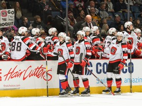 The Ottawa 67’s celebrate at the bench after scoring against the Hamilton Bulldogs during Game 3 of their playoff matchup on Tuesday night. (BRANDON TAYLOR/PHOTO)