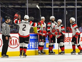 The Ottawa 67’s celebrate after scoring one of their seven goals against the Hamilton Bulldogs during Game 4 on Wednesday night. (Brandon Taylor/photo)
