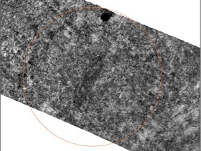 Geo-radar generated image showing a ship's grave that is probably originated from the Viking Age, on a plain among the burial mounds in Borreparken in Vestfold, eastern Norway.