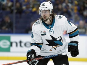 FILE - In this Nov. 9, 2018, file photo, San Jose Sharks' Erik Karlsson, of Sweden, is seen during the second period of an NHL hockey game against the St. Louis Blues in St. Louis. Karlsson, Artemi Panarin and Sergei Bobrovsky are a few of the potential free agents in the NHL with a lot at stake down the stretch of the regular season and in the postseason.