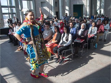 Native dancer Amanda Fox performs as the Institute for Canadian Citizenship, together with Immigration, Refugees and Citizenship Canada, and the National Gallery of Canada, held a special community citizenship ceremony in the Great Hall at the National Gallery of Canada.