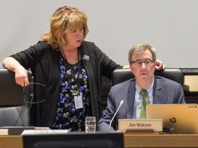 Councillor Jan Harder meets with Mayor Jim Watson as the city debates the 2019 budget and the awarding of the contract for Stage 2 of LRT.  Photo by Wayne Cuddington/ Postmedia