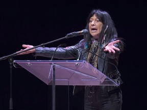 Buffy Sainte-Marie talks about diversity and inclusion at the Belong Forums, a public lecture series as part of the Year of Belonging, in honour of Dalhousie University's 200th anniversary, in Halifax on Tuesday, April 17, 2018. Sainte-Marie is set to be inducted into the Canadian Songwriters Hall of Fame.
