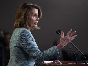 Speaker of the House Nancy Pelosi, D-Calif., meets with reporters just after the House approved a resolution calling for any final report in special counsel Robert Mueller's Russia investigation to be made public, on Capitol Hill in Washington, Thursday, March 14, 2019.