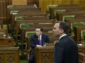 Finance Minister Bill Morneau delivers the federal budget in the House of Commons in Ottawa, Tuesday. After trying to drown him out by thumping desks and yelling, the Opposition Conservatives walked out, leaving only MP Pierre Poilievre across the aisle to hear him.