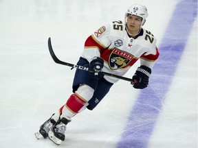 Florida Panthers defenceman Brady Keeper, a Cree defenceman from Cross Lake, Man., skates against the Ottawa Senators during his NHL debut on Thursday.