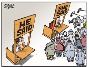 UPLOADED BY: Malcolm Mayes ::: EMAIL: mmayes@artizans.com ::: PHONE: 780-288-3542 ::: CREDIT: Malcolm Mayes ::: CAPTION: For Edmonton Journal use only.  Justin Trudeau and Jody Wilson Raybould engage in "he said, she said". (Cartoon by Malcolm Mayes)