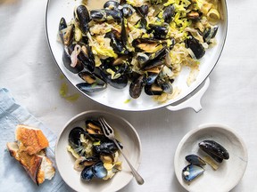 Braised leek and beer mussels from A New Way to Food by Maggie Battista.