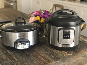 This March 18, 2019 photo shows two well loved small appliances, a slow cooker, left, and an Instant Pot, in a New York home. Which appliance you prefer will depend on what you plan to use them for.