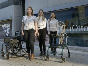 University of Ottawa students Emma Grigor, Jenna MacNeil and Kaitlyn Rourke pose for a photo in Ottawa Wednesday March 27, 2019. The students created a non-profit organization that finds, collects, and redistributes excess pieces of medical equipment to people in financial need.