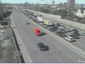 Westbound traffic on Hwy 417 at crawl due to collision near Rochester Street.