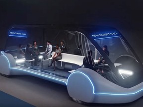 This undated conceptual drawing provided by The Boring Company shows a high-occupancy Autonomous Electric Vehicle (AEV) that would run in a tunnel between exhibition halls at the Las Vegas Convention Centre. AVs in various forms, such as taxis, will have major impacts on public transit projects.