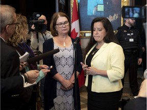 Independent MPs and former cabinet ministers Jane Philpott, left, and Jody Wilson-Raybould speak to reporters before Question Period a day after being removed from the Liberal caucus on April 3.