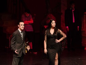 Gomez played by Ike Fardy (left) and Morticia played by Jacquie Bishop (right), during Longfields-Davidson Height's production of The Addams Family, on April 5th, 2019, in Ottawa.