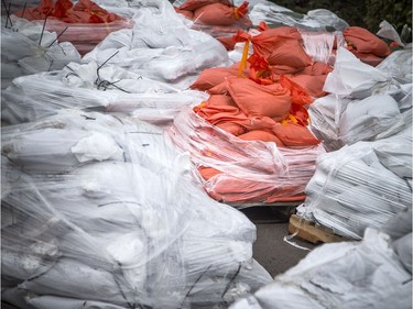 Piles of sandbags sit on Rue Saint-Louis in Gatineau Sunday morning.