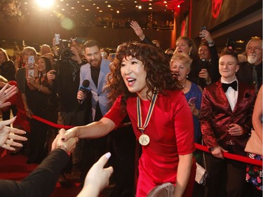 Actress Sandra Oh, recipient of the National Arts Centre Award, arrives on the red carpet at the Governor General's Performing Arts Awards at the National Arts Centre in Ottawa on Saturday, April 26, 2019.