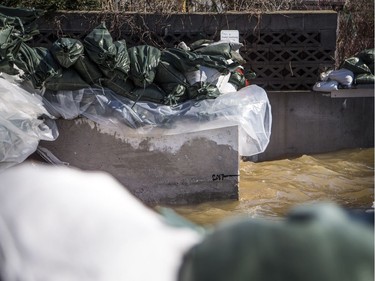 A berm on the Ottawa River near Jamieson Street holds back the flooding in the Britannia area and also marks the levels in 2017, Sunday, April 28, 2019.