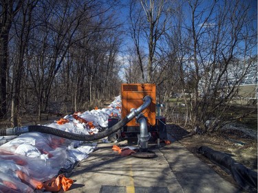 A large pump was moving water on the Ottawa River Pathway in the Britannia area, Sunday, April 28, 2019.