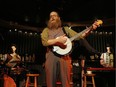 Singer and performer, Ben Caplan, centre, plays The Wanderer along with castmates, Jamie Kronick, left, and Graham Scott, right, in Hannah Moscovitch's Old Stock A Refugee Love Story directed by Christian Barry which showed at the National Arts Centre Thursday, July 13, 2017.