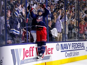 Oliver Bjorkstrand of the Columbus Blue Jackets celebrates after scoring a goal during his team's shocking sweep of the Tampa Bay Lightning in Round 1.
