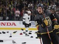 Hats are thrown onto the ice as Mark Stone #61 of the Vegas Golden Knights celebrates after scoring a third-period goal, his third goal of the game, against the San Jose Sharks in Game Three of the Western Conference First Round during the 2019 NHL Stanley Cup Playoffs at T-Mobile Arena on April 14, 2019 in Las Vegas, Nevada. The Golden Knights defeated the Sharks 6-3 to take a 2-1 lead in the series.