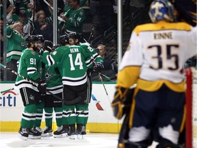 Roope Hintz #24 of the Dallas Stars celebrates a goal against the Nashville Predators in the first period of Game Four of the Western Conference First Round during the 2019 NHL Stanley Cup Playoffs at American Airlines Center on April 17, 2019 in Dallas, Texas.