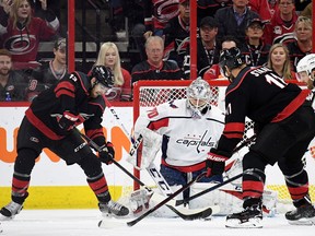 Warren Foegele of the Carolina Hurricanes looks to shoot against Braden Holtby of the Washington Capitals in the first period of Game Six of the Eastern Conference First Round during the 2019 NHL Stanley Cup Playoffs at PNC Arena on Monday, in Raleigh, North Carolina.