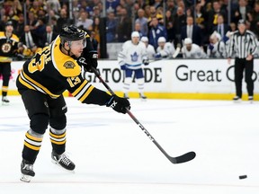 Charlie Coyle of the Boston Bruins scores a goal against the Toronto Maple Leafs during the third period of Game Seven of the Eastern Conference First Round during the 2019 NHL Stanley Cup Playoffs at TD Garden on Tuesday in Boston, Massachusetts. The Bruins defeat the Maple Leafs 5-1.