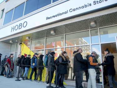 By the time the doors opened to the public, shortly after 10 am, there was a lineup of about 50 people waiting outside.  Hobo Recreational Cannabis Store on Bank Street was one of three pot retailers to open in Ottawa Monday (April 1, 2019) as part of the province's new cannabis retail model rollout.