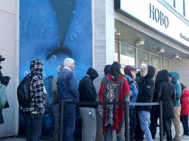 By the time the doors opened to the public, shortly after 10 am, there was a lineup of about 50 people waiting outside.  Hobo Recreational Cannabis Store on Bank Street was one of three pot retailers to open in Ottawa Monday (April 1, 2019) as part of the province's new cannabis retail model rollout.