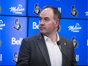 Ottawa Senators general manager Pierre Dorion addresses the media at Canadian Tire Centre on Tuesday.