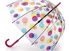 Made famous by Queen Elizabeth and the late Queen Mother, this popular umbrella is as pretty as it is practical. The curved plastic handle features a pinch-proof runner, while the deep dome design means it'll never actually rain on your personal parade.  Bubble Spots Umbrella by Fulton, $35, Raindrops (raindropsto.com) (SUPPLIED)