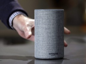A new Amazon Echo is displayed during a program announcing several new Amazon products by the company, in Seattle on Sept. 27, 2017.