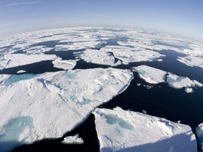 This July 10, 2008 file photo made with a fisheye lens shows ice floes in Baffin Bay above the Arctic Circle, seen from the Canadian Coast Guard icebreaker Louis S. St-Laurent.