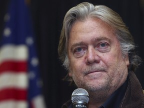 Former White House strategist Steve Bannon speaks during the Red Tide Rising Rally supporting Republican candidates, Wednesday, Oct. 24, 2018, in Elma N.Y. A debate that will see Bannon defend the issue of populism in Toronto this week is facing growing backlash, with critics calling for the event to be cancelled. THE CANADIAN PRESS/AP Photo/Jeffrey T. Barnes ORG XMIT: CPT121