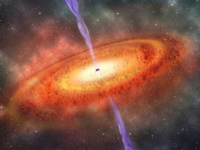 This illustration provided by the Carnegie Institution for Science shows the most-distant supermassive black hole ever discovered, which is part of a quasar from just 690 million years after the Big Bang.