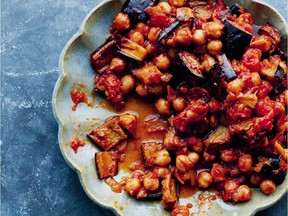 "Healthy, simple, plant-based but packed with flavour," this dish of roast eggplant with spiced chickpeas and tomatoes epitomizes Palestinian cuisine, says Yasmin Khan. Credit Matt Russell. Zaitoun by Yasmin Khan.