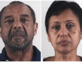 This combination of photos provided by the Tarrant County Sheriff's Department in Texas shows Mohamed Toure, left, and Denise Cros-Toure, a Fort Worth couple accused of enslaving a Guinean woman for 16 years. The couple on Monday, April 22, 2019, was sentenced to seven years in federal prison each for enslaving the woman for 16 years. (Tarrant County Sheriff's Department via AP)