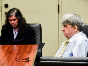 In this Aug. 3, 2018 file photo, Louise Turpin, left, and her husband, David Turpin appear in Superior Court in Riverside, Calif. The Turpins, who starved a dozen of their children and shackled some to beds, face sentencing for years of abuse. The couple is due Friday, April 19, 2019, in Riverside County Superior Court for a proceeding that is largely a formality.