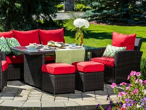 Among the trends in patio furniture this year are combination sofa and dining sets that encourage people to eat and drink outdoors, then linger and relax after a tasty meal.
