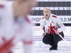 Canada skip Kevin Koe calls for the sweep.