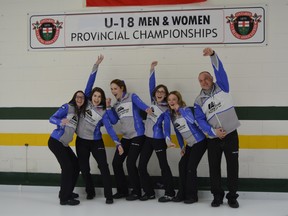 From left: Emily Deschenes, Emma Artichuk, Jillian Uniacke, Celeste Gauthier, Grace Cave and coach Greg Artichuk had plenty to celebrate after winning the Ontario women’s U18 curling championship.  Curling Ontario/photo