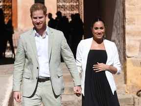 Britain's Prince Harry and Meghan, Duchess of Sussex visit the Andalusian Gardens in Rabat, Morocco, Monday, Feb. 25, 2019. The Duke and Duchess of Sussex are considering a move to work in Africa after the birth of their first child,