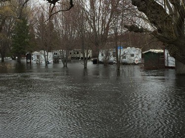 Trailers in Riverbend Park south of Pakenham are surrounded by Mississippi River floodwaters on Saturday, April 27, 2019.