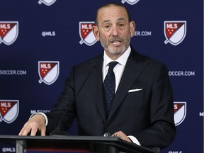 Major League Soccer commissioner Don Garber speaks at a news conference in Los Angeles on Thursday, April 18, 2019. Sacramento and St. Louis have been invited to submit formal bids for franchises.
