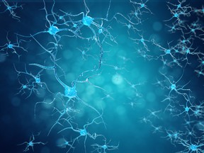 Conceptual illustration of neuron cells with glowing link knots. Synapse and Neuron cells sending electrical chemical signals.