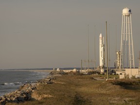 This photo provided by NASA shows the Northrop Grumman Antares rocket, with Cygnus resupply spacecraft onboard on Pad-0A, Wednesday, April 17, 2019 at NASA's Wallops Flight Facility in Virginia. The cargo resupply mission for NASA to the International Space Station will deliver about 7,600 pounds of science and research, crew supplies and vehicle hardware to the orbital laboratory and its crew.