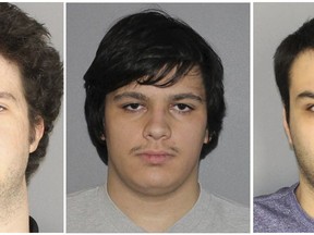 This combination of three Jan. 22, 2019, photos released by the Greece, N.Y., Police Department shows from left, Brian Colaneri, Andrew Crysel and Vincent Vetromile. Authorities said the three men, along with a 16-year old, were charged with plotting to attack a rural upstate New York Muslim community. (Greece Police Department via AP)