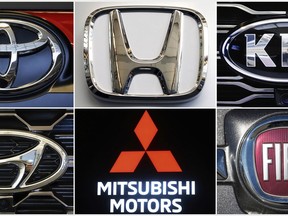 This undated combination of photos shows clockwise from top left the logos for Toyota, Honda, Kia, Fiat Chrysler, Mitsubishi and Hyundai. U.S. auto safety regulators have expanded an investigation into malfunctioning air bag controls to include 12.3 million vehicles because the bags may not inflate in a crash. Vehicles made by Toyota, Honda, Kia, Hyundai, Mitsubishi and Fiat Chrysler from the 2010 through 2019 model years are included in the probe, which was revealed Tuesday, April 23, 2019, in documents posted by the National Highway Traffic Safety Administration. (AP Photos)